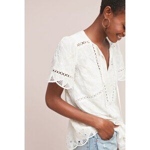Anthropologie Feather & Bone White Embroidered Eyelet Boho Peasant Top Tassel Ti